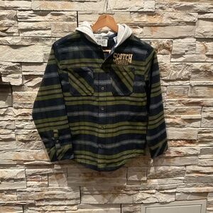 Scotch & Soda Big Boys Yarndye Hooded  Plaid Shirt Jacket ,Navy Blue/Olive, M